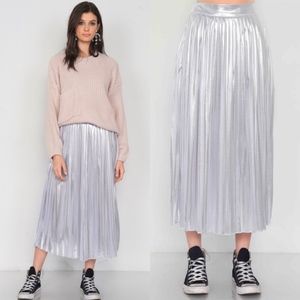 New Metallic Pleated Chic Midi Silver Skirt